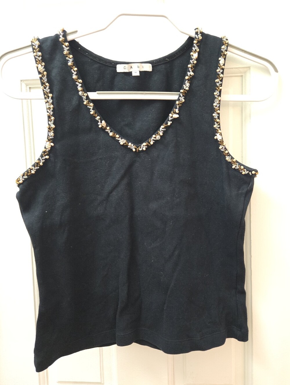 CABI Black V Neck Shell Trim Sleeveless Tank Top Blouse Elevated Basic Medium